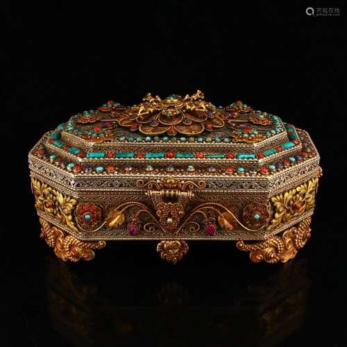 Vintage Tibetan Silver Inlay Natural Gems Jewelry Box