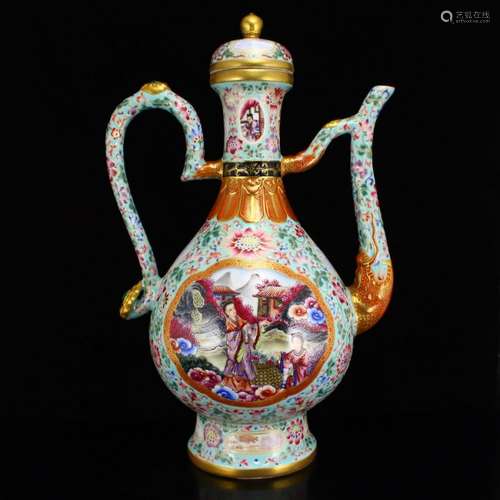 Gilt Gold Famille Rose Figures Porcelain Big Wine Pot