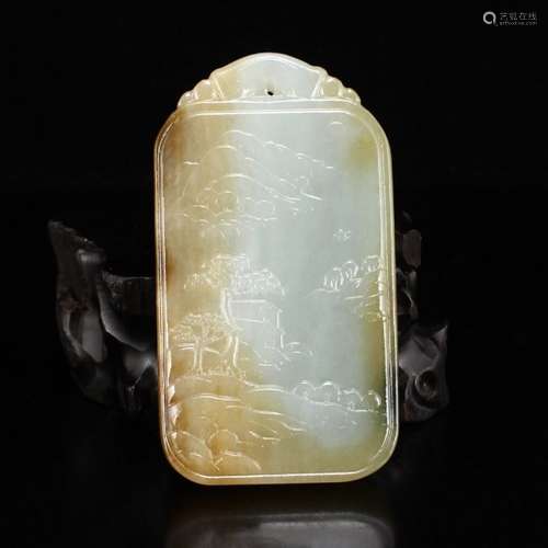 Chinese Hetian Jade Pendant - Mountain Village Scene