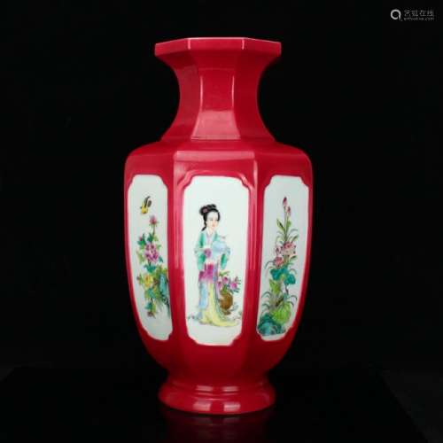 Beautiful Red Glaze Famille Rose Porcelain Vase