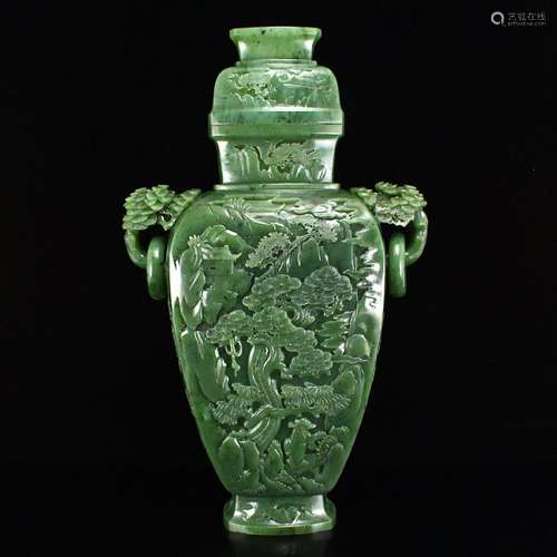 Superb Green Hetian Jade Double Rings Low Relief Vase