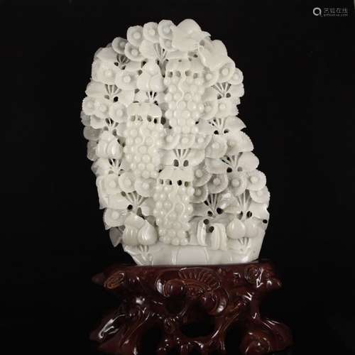 Chinese Natural Hetian Jade Statue - Bird & Grape