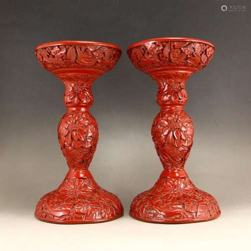 A Pair Chinese Red Lacquerware Candlesticks