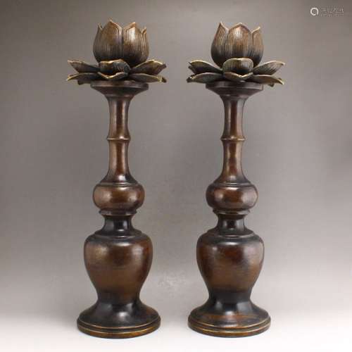 A Pair Chinese Red Copper Lotus Flower Candlesticks