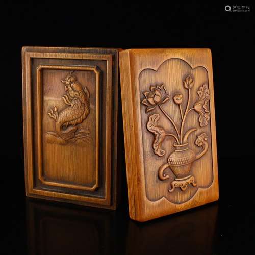 Vintage Bamboo Inkstone w Dragon Head Fish & Flower