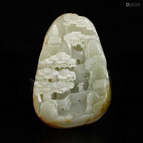 Chinese Hetian Jade Pendant - Mountain Village Scene