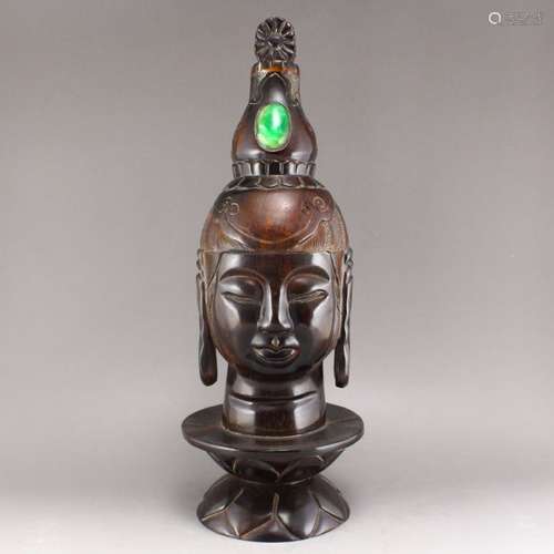 Chinese Ming Dy Ox Horn Inlay Jadeite Buddha Statue