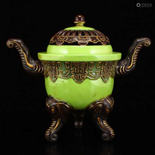 Qing Dy Gilt Gold Green Glaze Porcelain Incense Burner