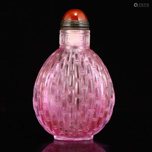 Pink Peking Glass Snuff Bottle w Red Agate Stopper