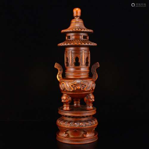 Openwork Chinese Boxwood Wood Incense Burner w Dragon