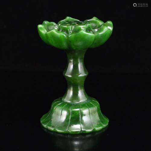 Chinese Green Hetian Jade Lotus Flower Candlestick