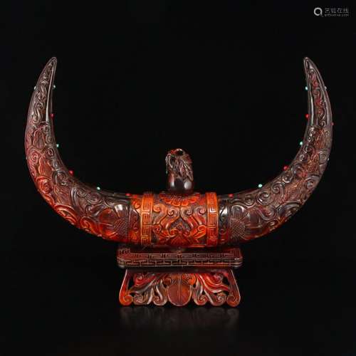 Chinese Qing Dy Ox Horn Inlay Gems Low Relief Statue