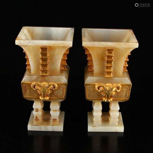 A Pair Vintage Gilt Gold Hetian Jade Sheep Head Burner