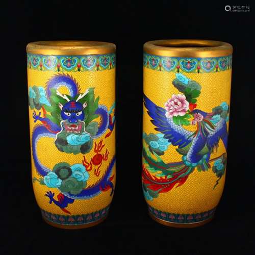 Pair Gilt Gold Red Copper Cloisonne Painting Holders