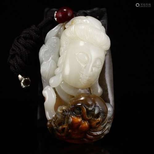 Chinese Hetian Jade Lotus Kwan-yin Pendant