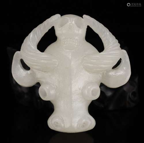 Chinese White Hetian Jade Ox Head Pendant w Certificate