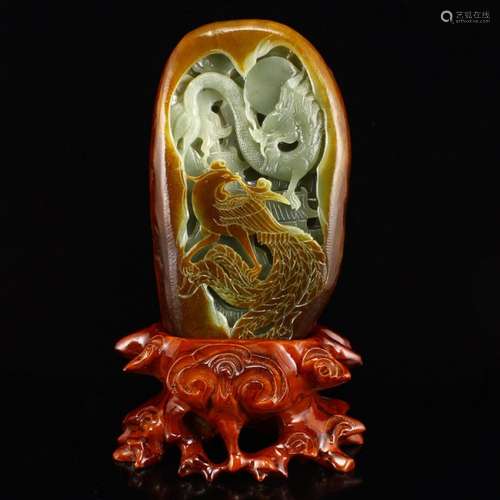 Chinese Hetian Jade Statue - Dragon & Phoenix