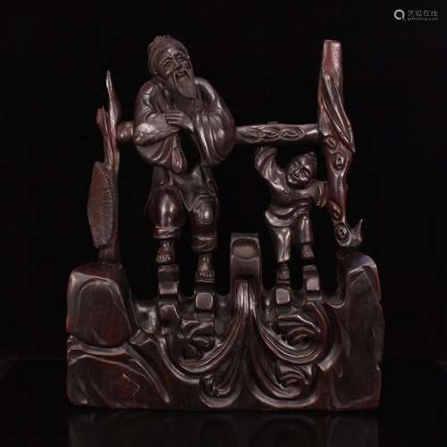 Chinese Zitan Wood Statue - Old Man & Kid