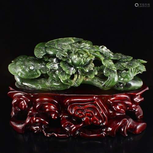 Natural Green Hetian Jade Statue - Phoenix & Flower