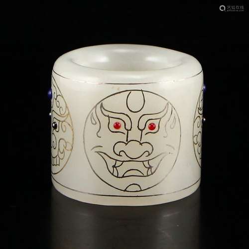 Hetian Jade Inlay Silver Wire & Gem Thumb Ring