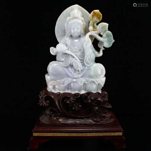 Superb Natural Jadeite Kwan-yin Statue w Rosewood Base