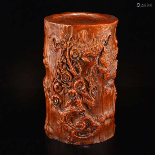 Chinese Boxwood Wood High Relief Brush Pot