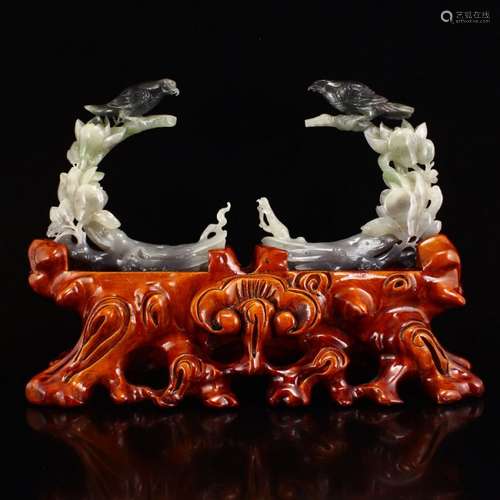 Openwork Chinese Hetian Jade Flowers Birds Statue