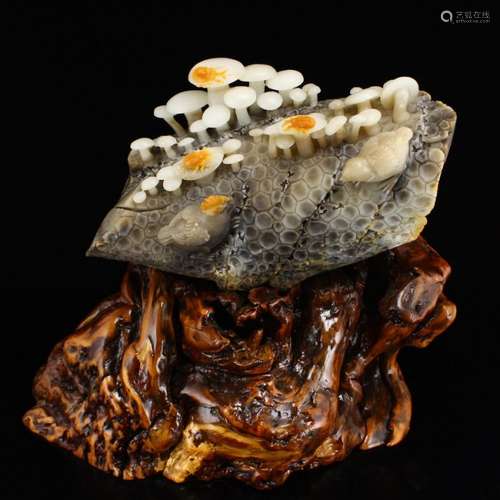 4kg Multicolour Hetian Jade Deadwood & Mushrooms Statue