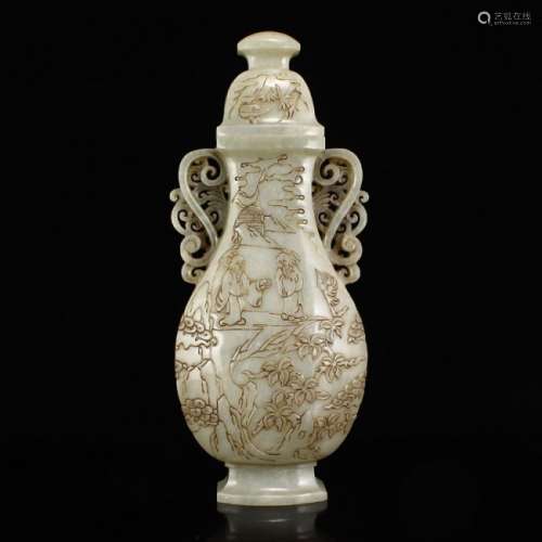 Chinese Qing Dy Hetian Jade Low Relief Double Ears Vase