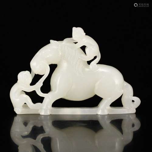 Chinese Natural Hetian Jade Horse & Monkeys Statue