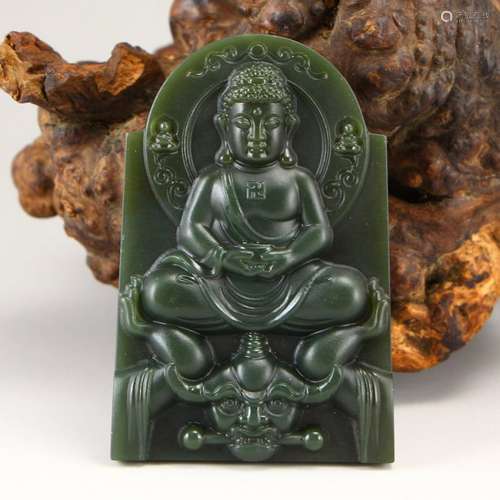 Chinese Green Hetian Jade Siddhartha Buddha Pendant