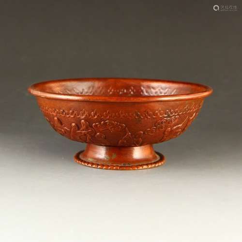 Vintage Chinese Red Copper Low Relief Bowl