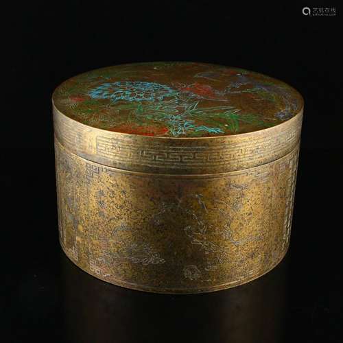 Vintage Chinese Gilt Gold Red Copper Poetic Prose Box