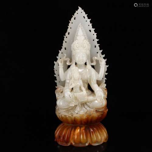 Superb Qing Dy Hetian Jade Four Arms Kwan-yin Statue