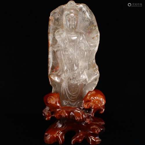 Chinese Qing Dy Natural Berg Crystal Kwan-yin Statue