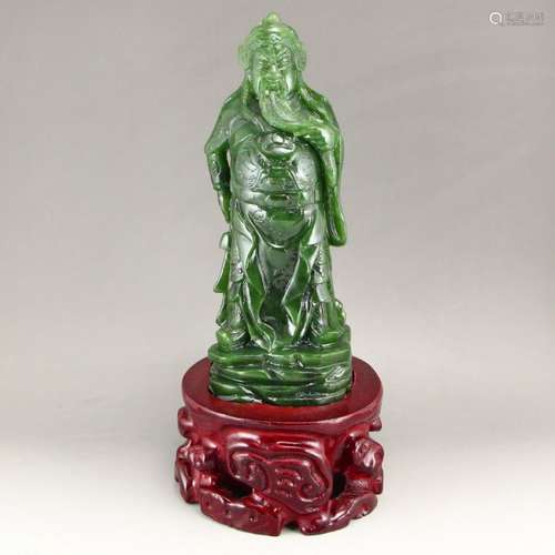 Chinese Natural Green Hetian Jade Guangong Statue