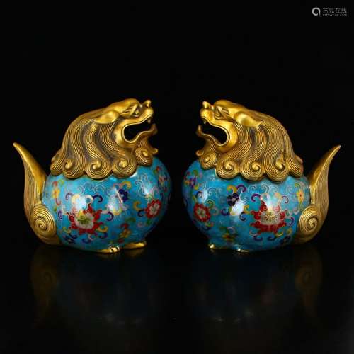 A Pair Gilt Gold Bronze Cloisonne Lion Incense Burners