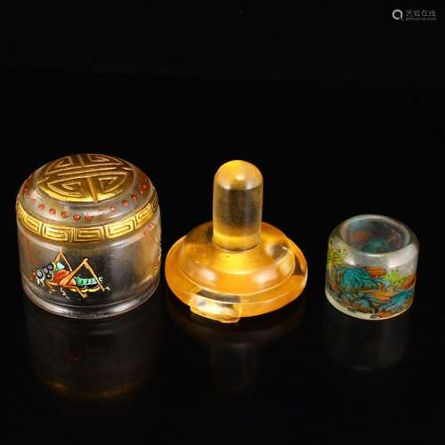 Chinese Qing Dy Gilt Gold Peking Glass Thumb Ring w Box