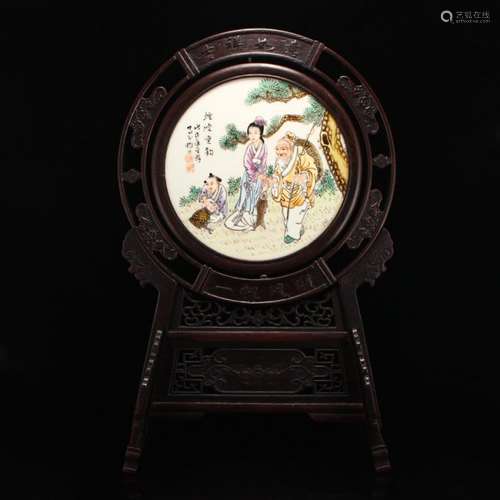 Zitan Wood Inlay Porcelain Plate Plaque Painting Screen