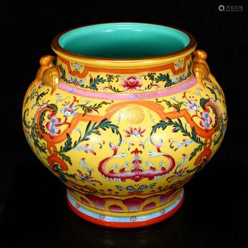 Gilt Gold Yellow Ground Famille Rose Porcelain Jar