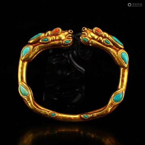 Beautiful Gilt Gold Red Copper Inlay Gems Bracelet