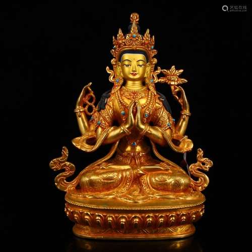 Tibetan Gilt Gold Red Copper Four Arms Kwan-yin Statue