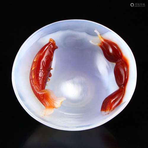 Beautiful Chinese Natural Agate Lotus Root & Fish Bowl