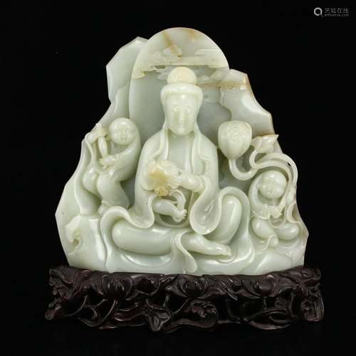 Superb Chinese Hetian Jade Statue - Kwan-yin & Kids