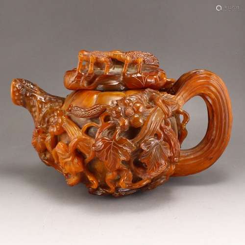 Chinese Ming Dy Ox Horn High Relief Teapot