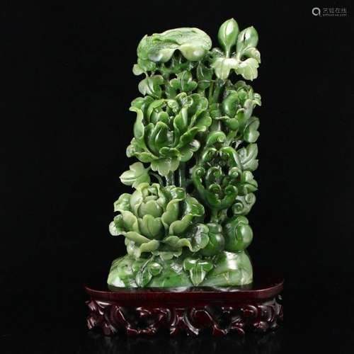 Superb Green Hetian Jade Statue - Flowers & Birds