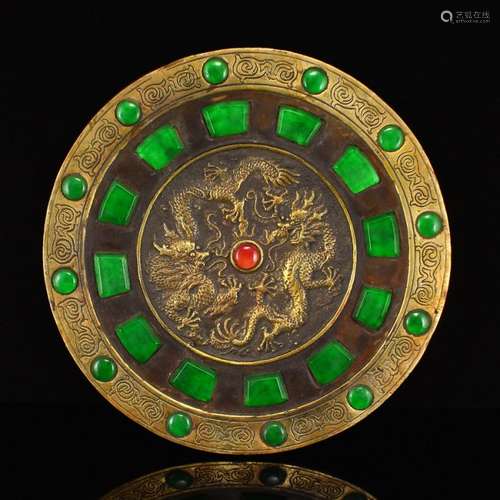 Chinese Gilt Gold Red Copper Inlay Green Jade Mirror