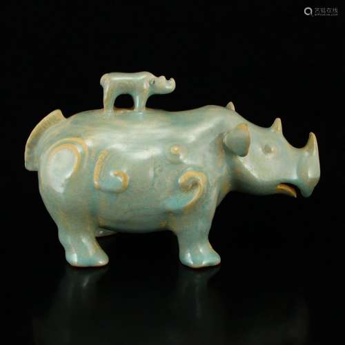 Sky Blue Glaze Ru Kiln Porcelain Rhinoceros Statue