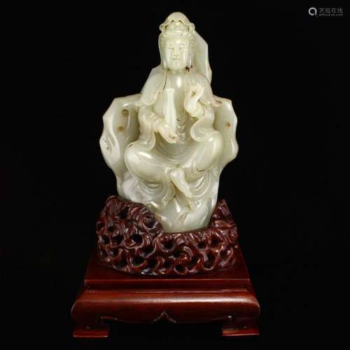 Vintage Chinese Hetian Jade Kwan-yin Statue