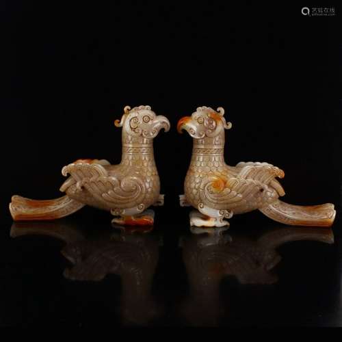 Pair Superb Vintage Hetian Jade Phoenixes Statues